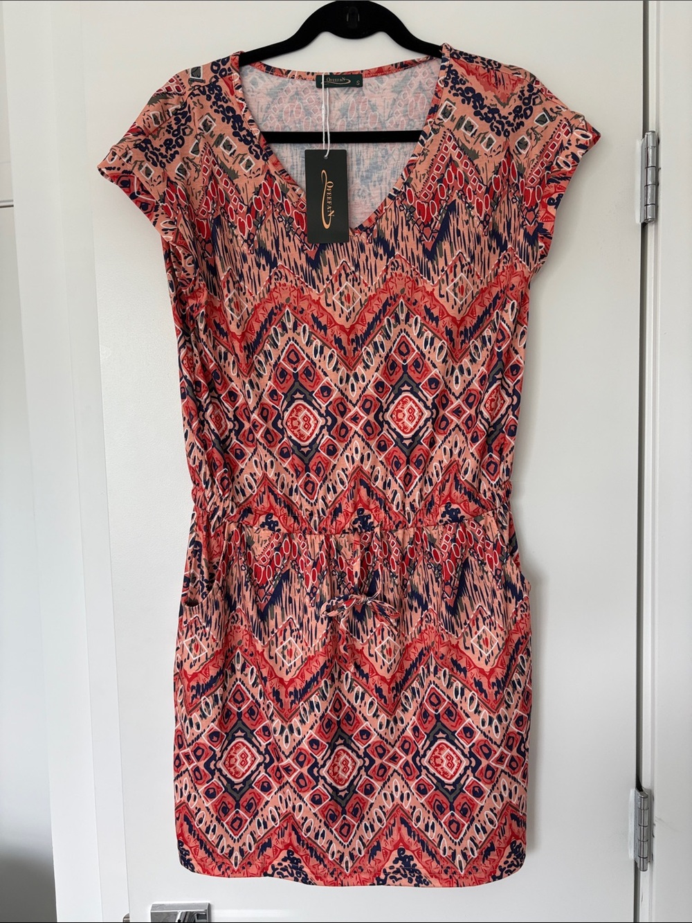 Coral & Navy Printed V-Neck Mini Dress